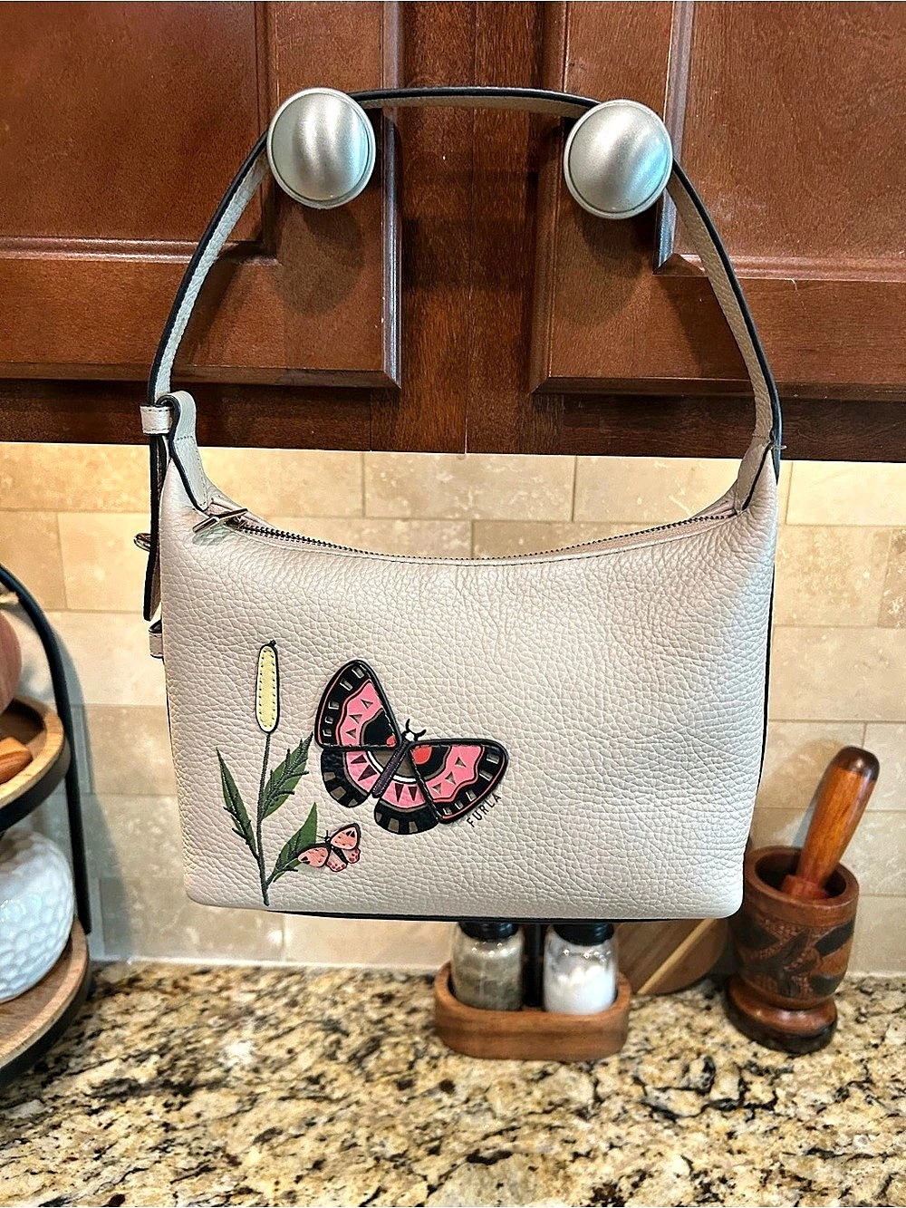 Furla Genuine Leather Butterfly Moth Appliqué Chain Shoulder Crossbody Bag